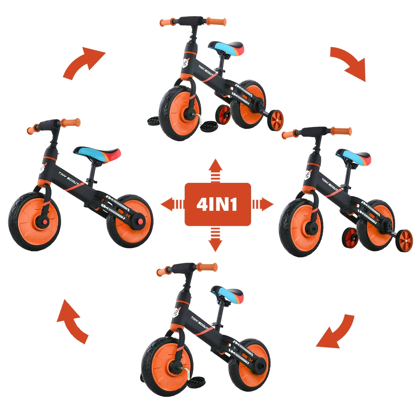Tiny Scout Balance Bike 3 4 5 Years , 4-in-1 with Optional Support Wheels and Pedals, Saddle Height Adjustable