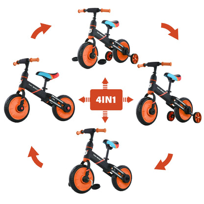 Tiny Scout Balance Bike 3 4 5 Years , 4-in-1 with Optional Support Wheels and Pedals, Saddle Height Adjustable