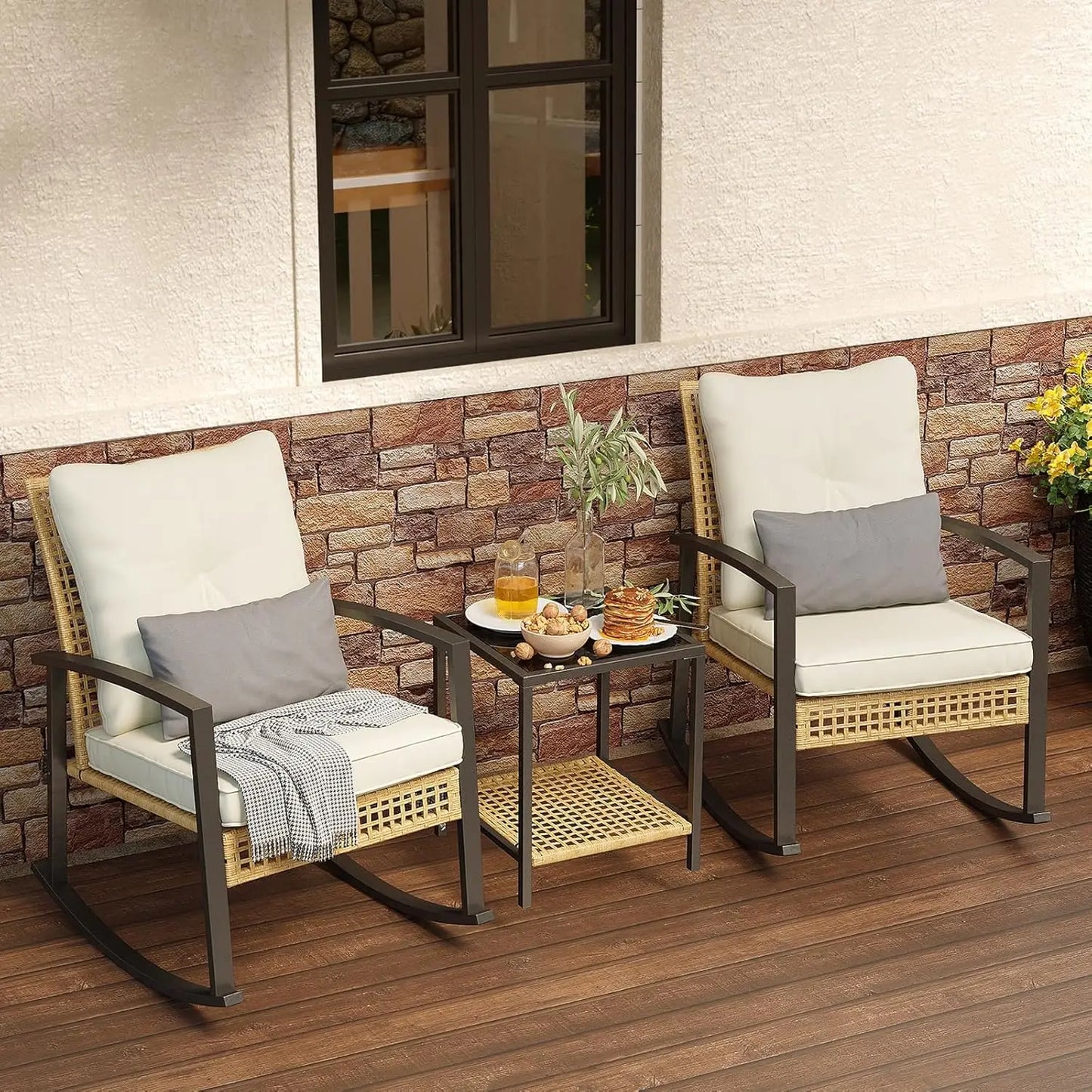 Set of 2 Outdoor Rocking Chair Bistro Set with Tempered Glass Coffee Table and Thick Lumbar Pillow