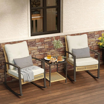 Set of 2 Outdoor Rocking Chair Bistro Set with Tempered Glass Coffee Table and Thick Lumbar Pillow