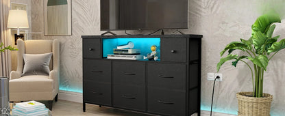 Black 55" TV Stand with 8 Drawers, Fabric Chest of Drawers, Power Outlets and LED Lights