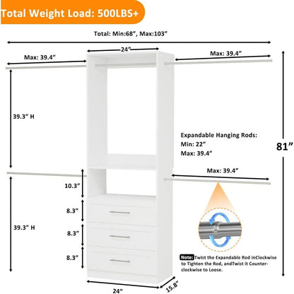 Closet System with 3 Drawers, 4-8.5 FT Wooden Closet Organizer System, 103” Closet Built in System with Shelves