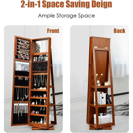 360° Swivel Jewelry Armoire with Higher Full Length Mirror, Standing Lockable Jewelry Cabinet Organizer with Large Storage