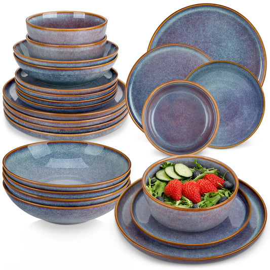 12/16/18/24 Piece Grey-Blue Reactive Glaze Stoneware Plates Set
