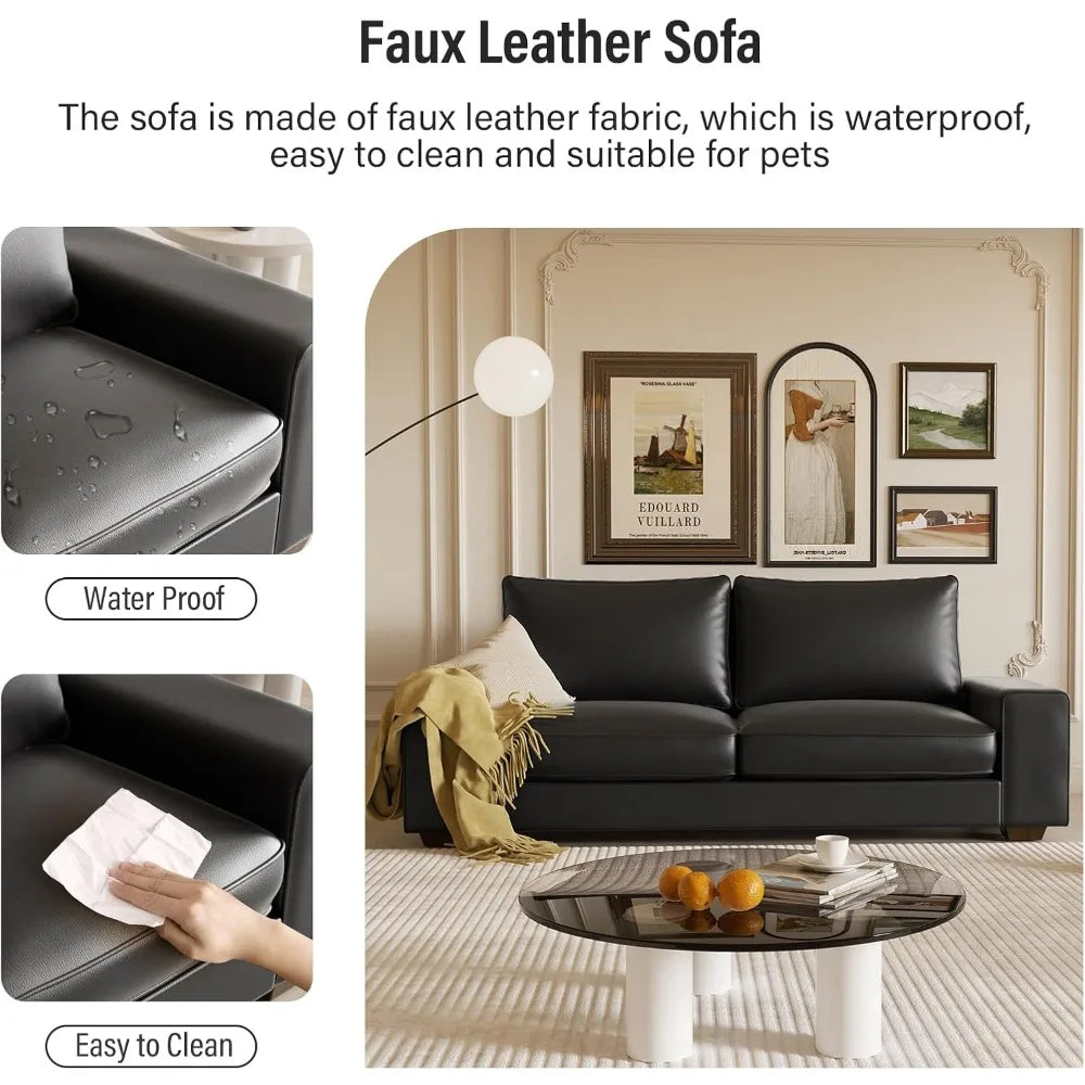 Faux Leather Comfy Loveseat Sofa with Wide Arm, Side Pockets, Solid Wooden Frame