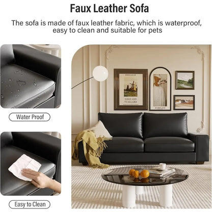 Faux Leather Comfy Loveseat Sofa with Wide Arm, Side Pockets, Solid Wooden Frame