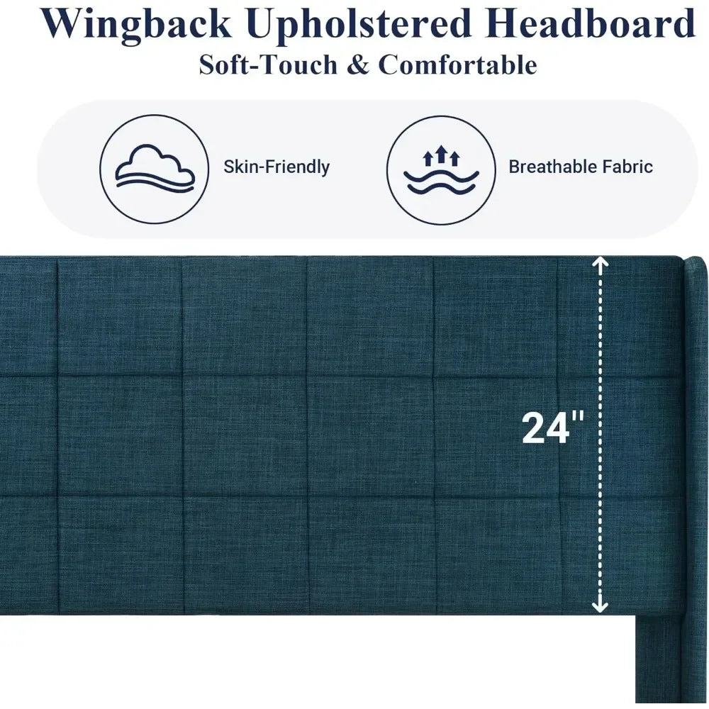 Fabric Upholstered Square Stitched Headboard and Wooden Slats