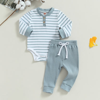 3-24MO Infant Boy Fall Outfits, Long Sleeve Striped Print Romper + Pants