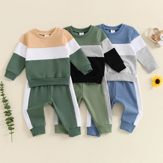 3-24 MO & 3T Boy Pants Set, Long Sleeve, Round Neck Sweatshirt. Drawstring Long Pants Contrast Color Outfits