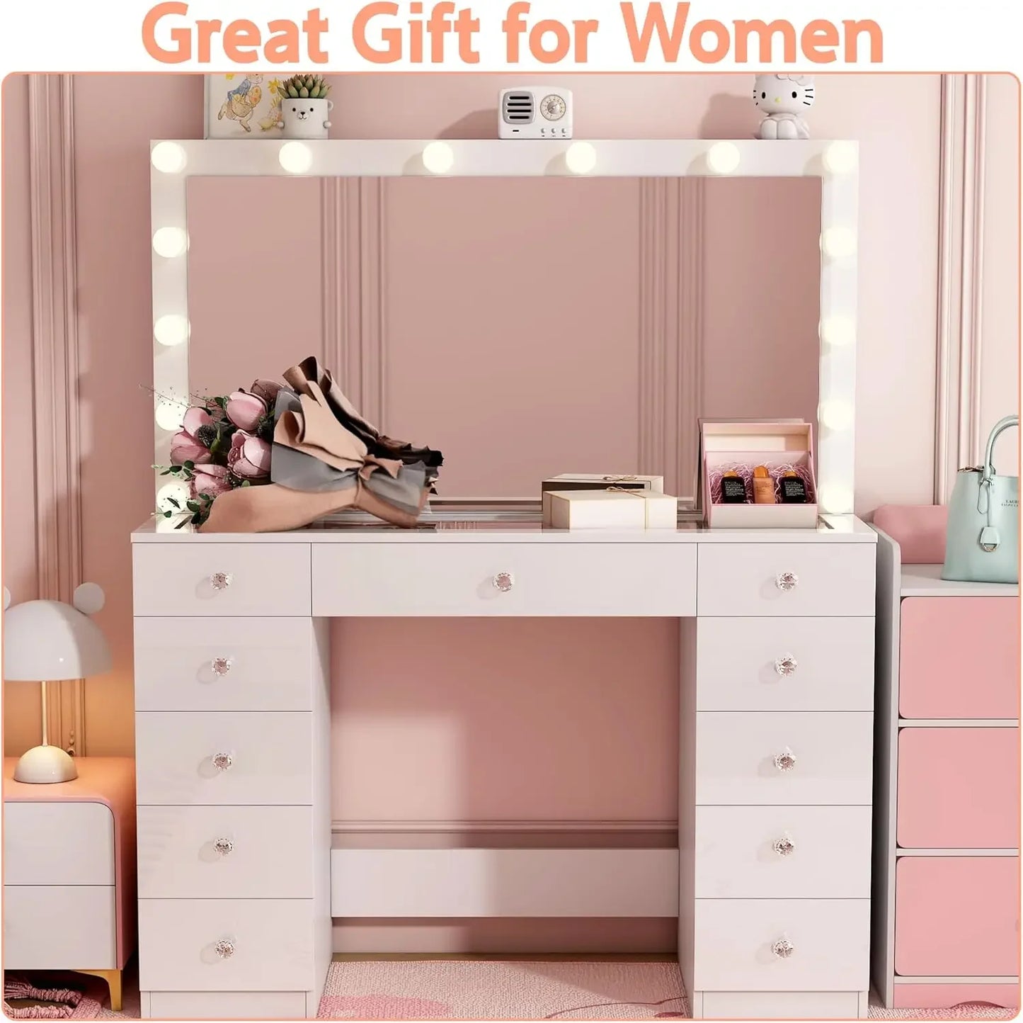 Vanity Desk with Power Outlet, Mirror and 14 LED Light, 3 Lighting Modes,11 Drawer Vanity Table , White