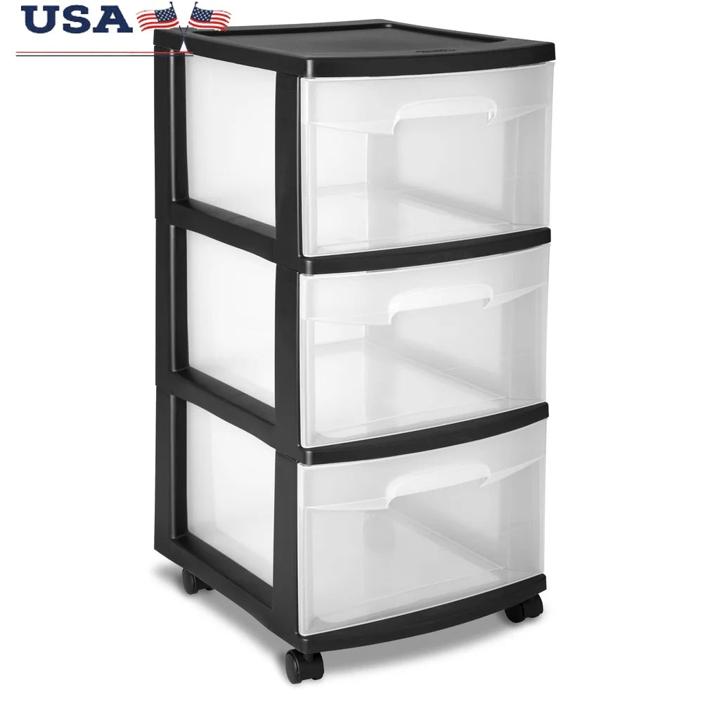 3 Drawer Plastic Storage Cart with Clear Drawers ,Rolling Organizer