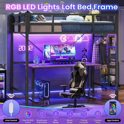 Twin Loft Bed with LED Lights, with Full-Length Guardrail, Clothes Rack