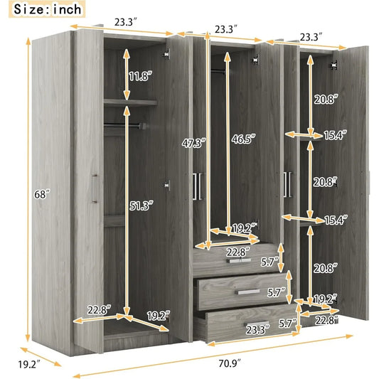 "Spacious 6-Door Armoire Wardrobe with Ample Drawers, Hanging Space and Shelves for Bedroom Storage"