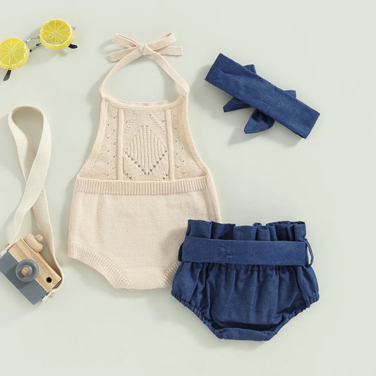 6-24 MO Infant Girl Outfit, Solid Color Halter Neck Knit Sweater Romper, Denim Shorts, Belt, Headband