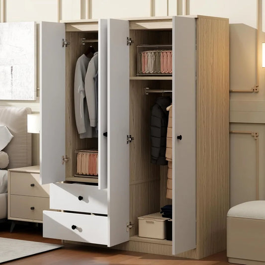 4-Door White Wooden Armoire Wardrobe Closet with 2 Drawers and 2 Hanging Rods