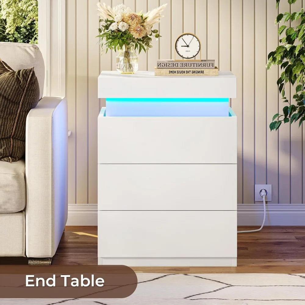 Side stand with Charging Station and LED Lights, Sliding Top, Drawers