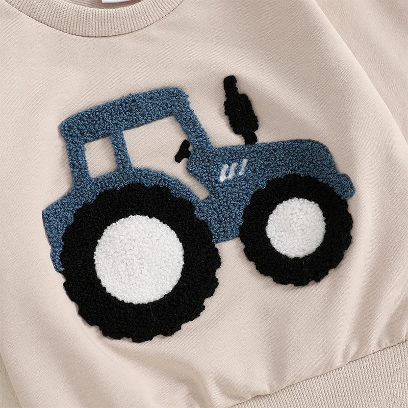 3-36 MO Boy Outfit, Tractor Embroidery Long Sleeve Sweatshirt with Solid Long Pants