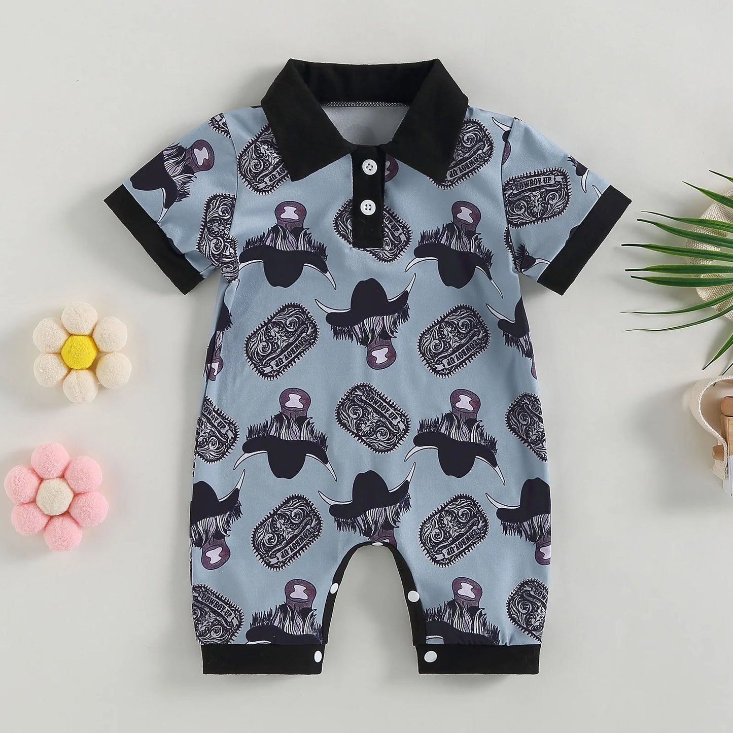 0-18 mo Infant Baby Boys Jumpsuit, Casual Head Print, Short Sleeve Romper