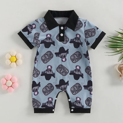 0-18 mo Infant Baby Boys Jumpsuit, Casual Head Print, Short Sleeve Romper