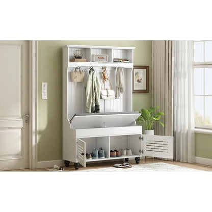 47.2'' Wide Hall Tree with Storage, 5-in-1 Entryway Bench with Shutter-shaped doors, Coat Rack, Cushion and 4 Sturdy Hooks