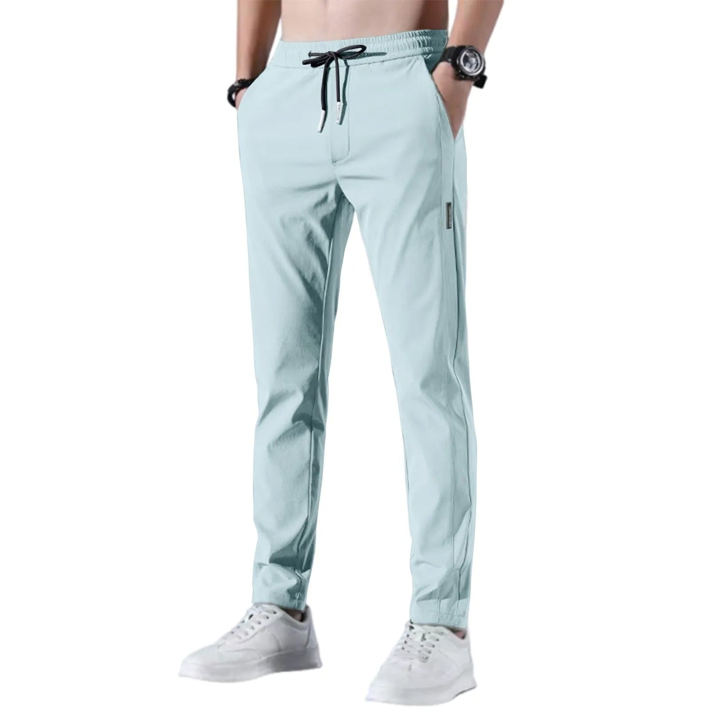 Men Fast Dry Stretch Pants, Ice Silk Trousers, Solid Color, Mid-Waist