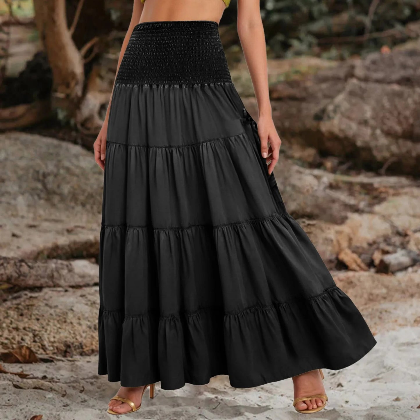 Boho Tiered A-Line Skirt, Pockets, Patchwork, Elastic Waist, Vintage Hippie/Gypsy Maxi Skirt