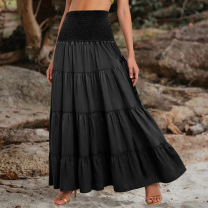 Boho Tiered A-Line Skirt, Pockets, Patchwork, Elastic Waist, Vintage Hippie/Gypsy Maxi Skirt