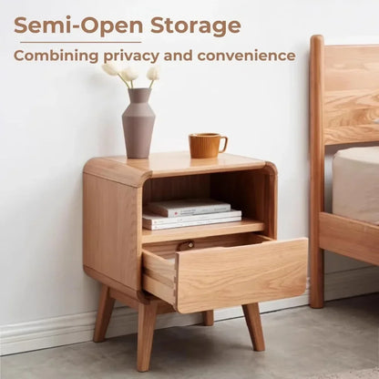 100% Solid Oak Wood Nightstand with Drawer & Storage Shelf