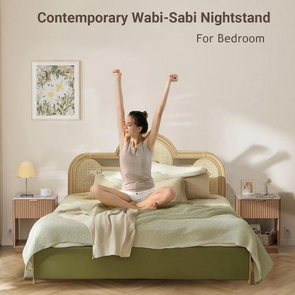 Set of 2, Nightstands with Charging Station  18" Bedside Table with Color Top, with Drawer & Open Shelf