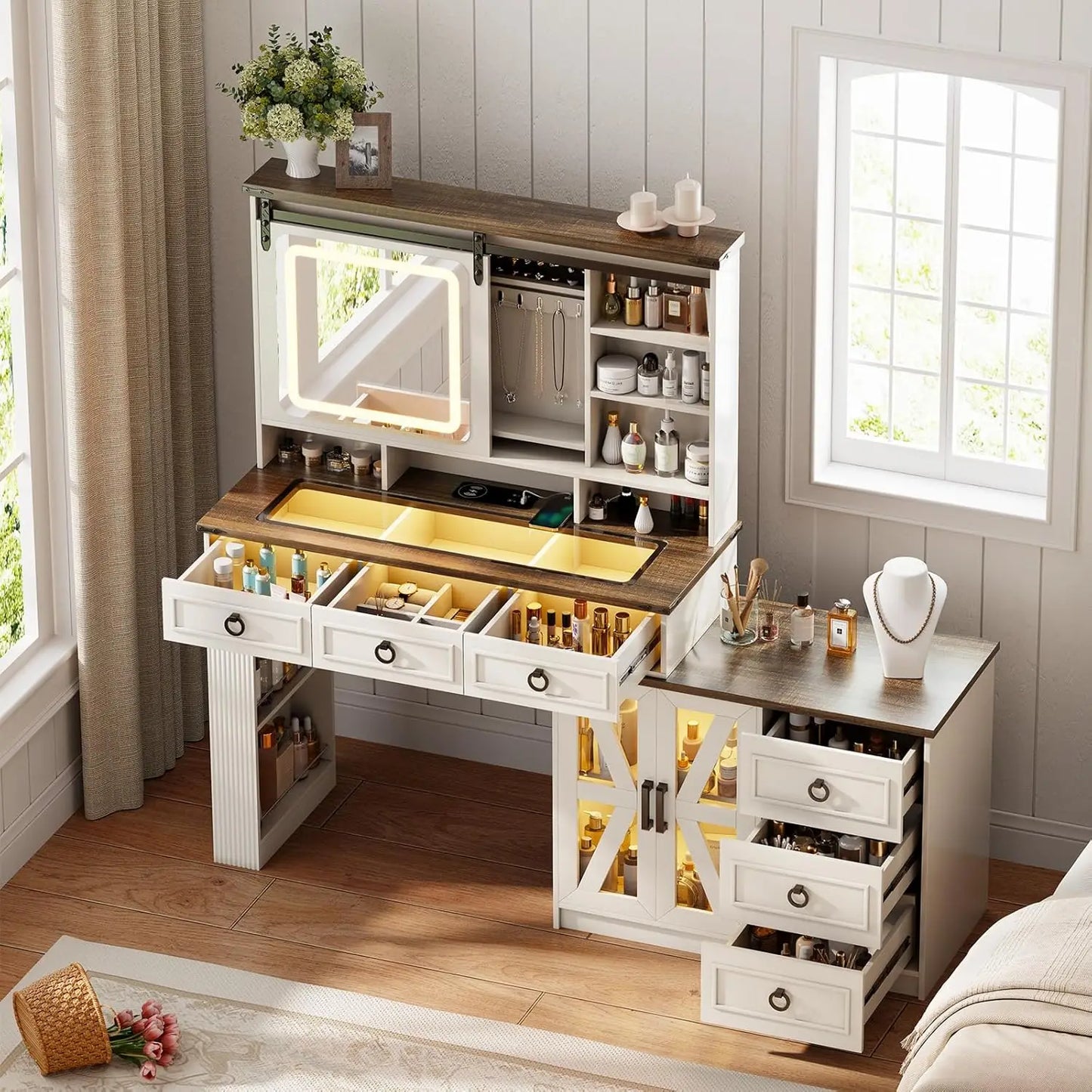 Vanity Desk with Sliding Mirror and Lights with Jewelry Storage