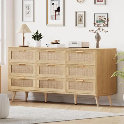 9 Drawer Double Dresser with Golden Handles