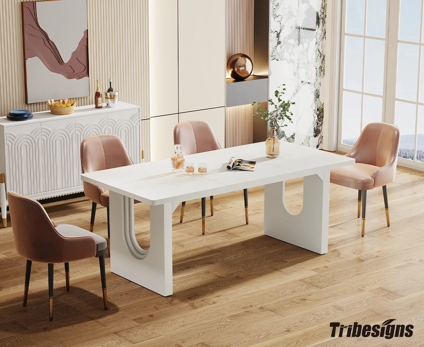 71" Large Kitchen Dining Table with Wood Pedestal Base, Seats 6-8