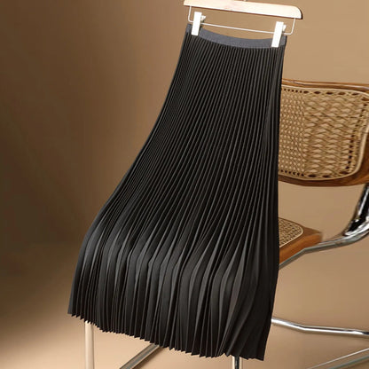 Elegant A Line Satin Long Skirt, Elastic High Waist, Pleated Skirt