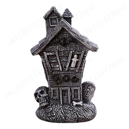 Halloween Miniature Resin Statue Figurines, Pumpkin haunted house and skeleton tombstone