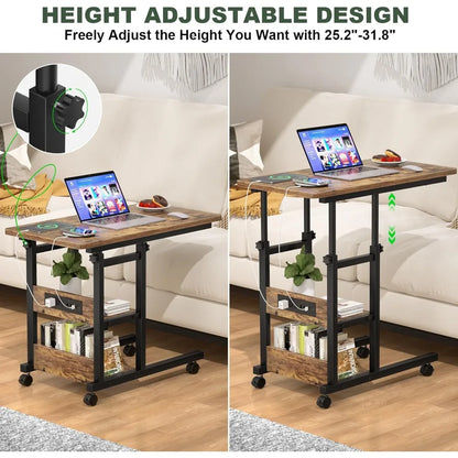 C Shaped Adjustable Height End Table  with Charging Station, TV Tray with Wheels Slide Under Sofa/Bed
