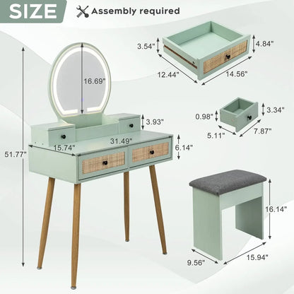 31" Natural Rattan Vanity Desk Set, w/3 Modes, Adjustable ,Lighted Mirror & Cushioned Stool