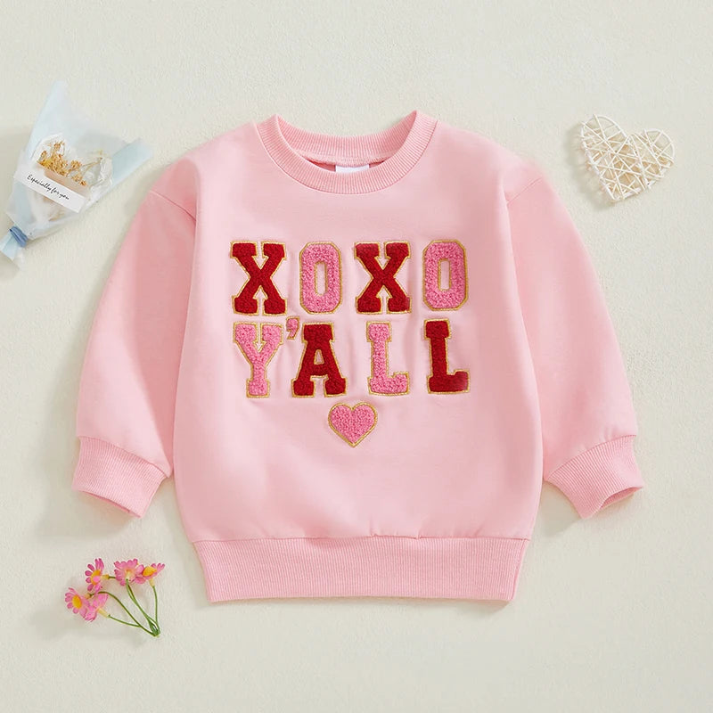 12M-4T Kids Girls Valentines Day Sweatshirt, Long Sleeve, Crew Neck, Embroidery Letters, Pullover Hoodie Tops