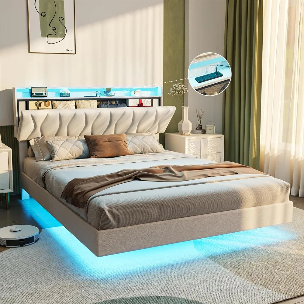 Queen Size Floating Bed Frame with Storage Headboard,  with LED Lights, Charging Station