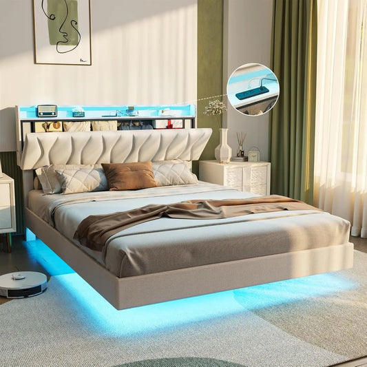 Queen Size Floating Bed Frame with Storage Headboard,  with LED Lights, Charging Station