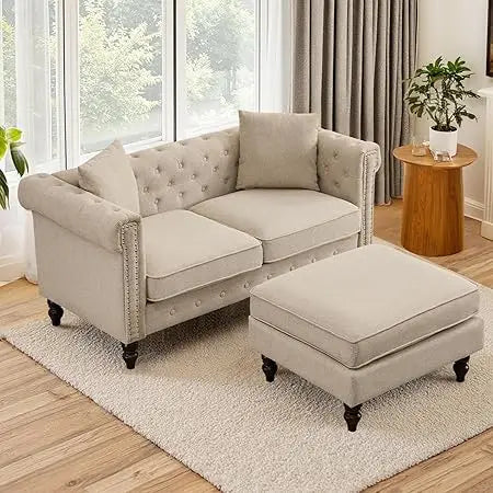 62" Tufted Linen Loveseat with Gourd Wooden Legs, Nailhead Trim and Flared Arms,