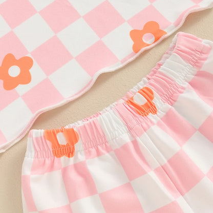 12 MO-4T Floral Checkerboard Print Short Sleeve O-neck T-shirts+Elastic Waist Shorts Tracksuit