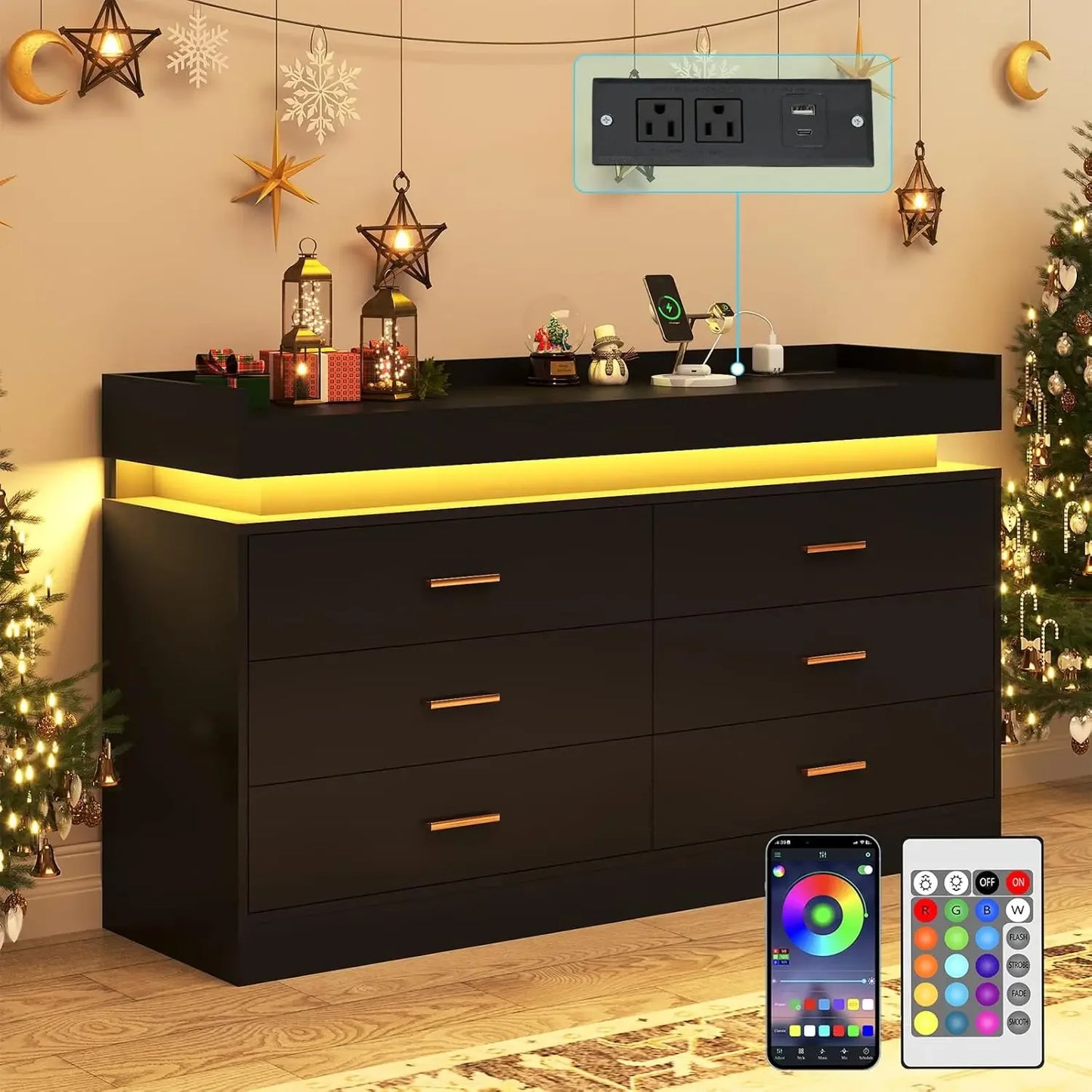 9 Drawer Dresser with Charging Station and LED Lights, Power Outlet