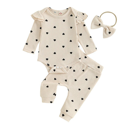 3-24MO Baby Girl Set Waffle Knit, Heart Long Sleeve Romper Pants Headband
