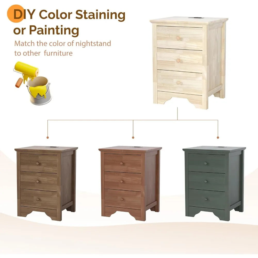 Set 2, 18.54" W Nightstand with Charging Station, 3 Drawer side stands,