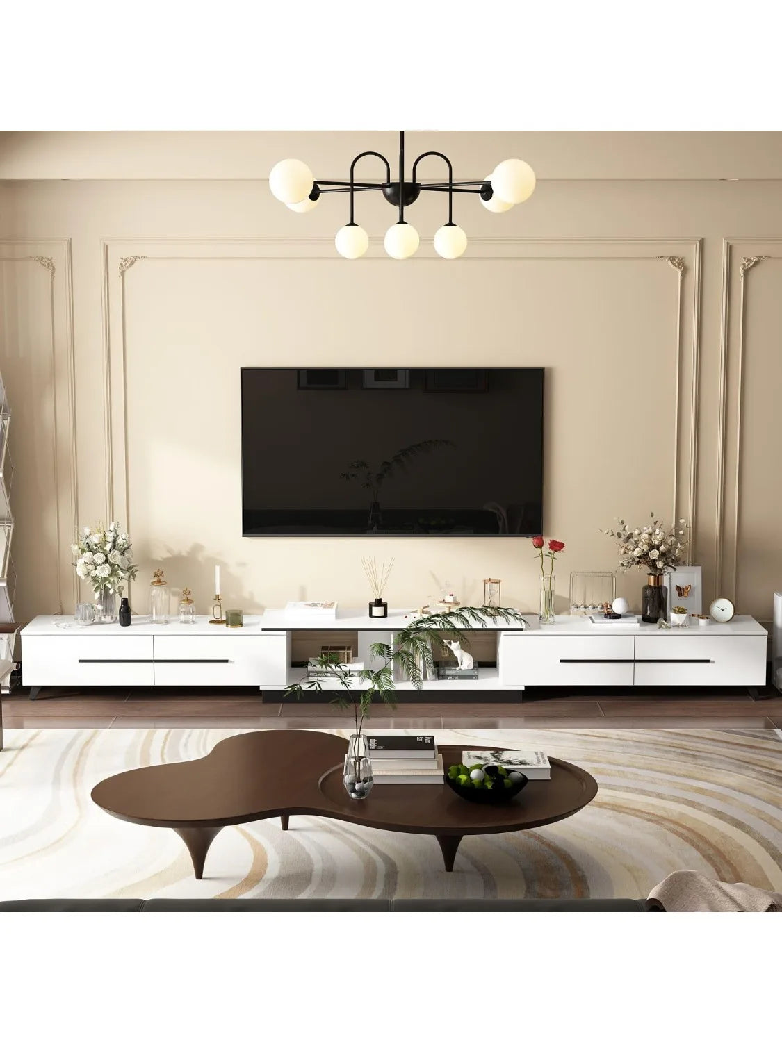 Extendable Media Console, Adjustable Length with Drawers and Legs