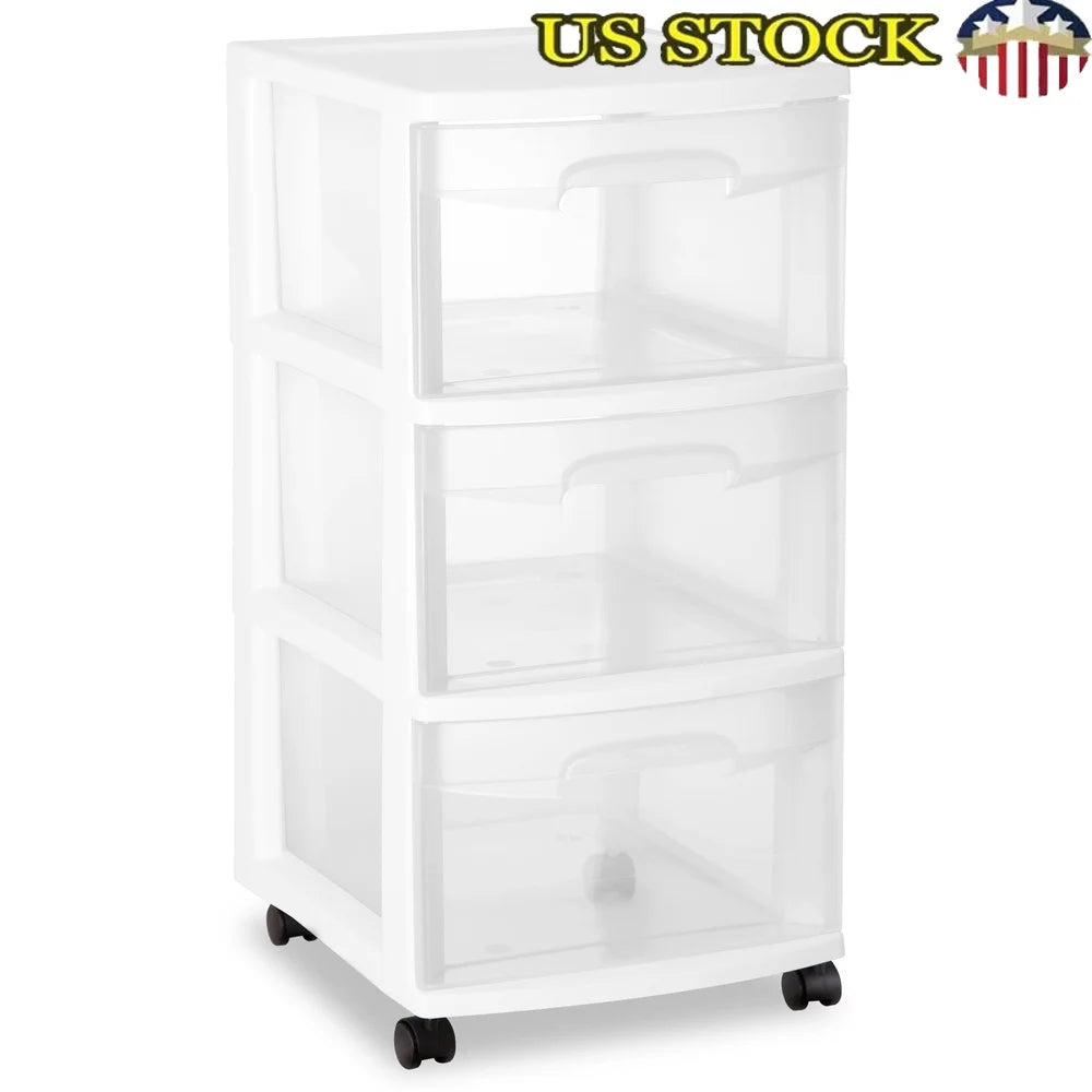 3 Drawer Plastic Storage Cart Rolling Organizer, Multi-purpose Clear Bins