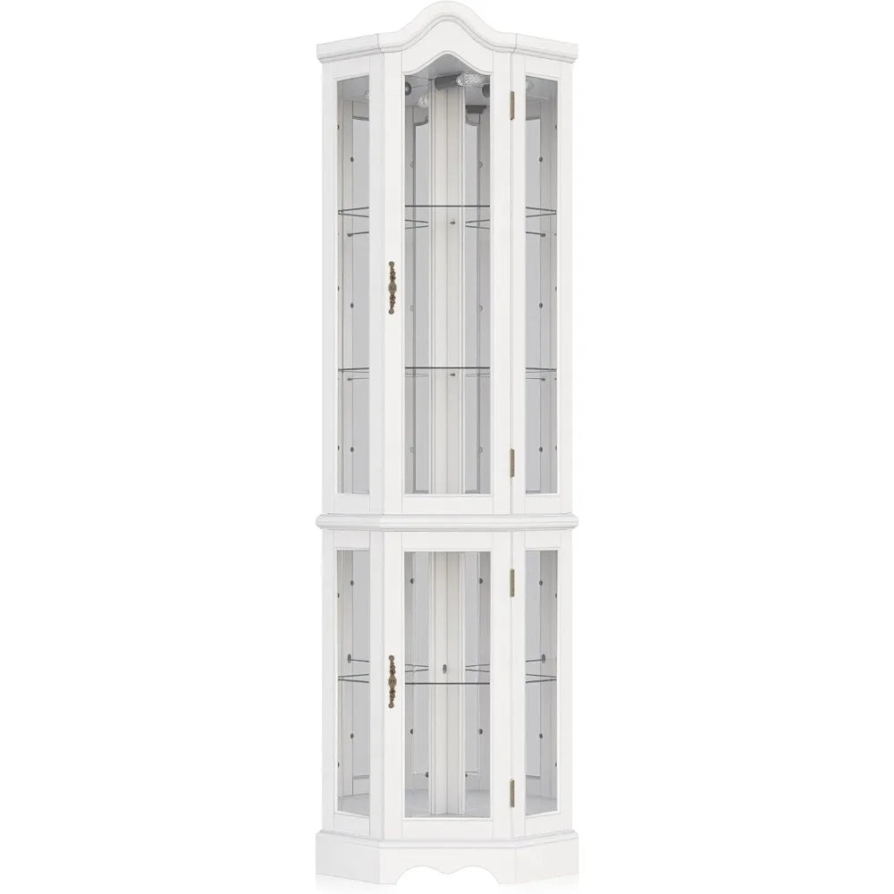 Lighted 3-Side Glass Display Curio Cabinet w/ Tempered Glass Doors and Shelves