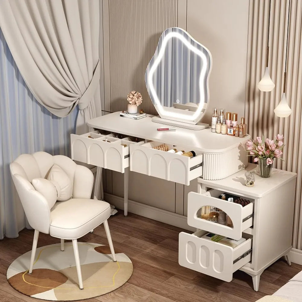 39" Vanity/Desk with Storage Cabinets and 2 Drawers, Lighted Mirror and Stool