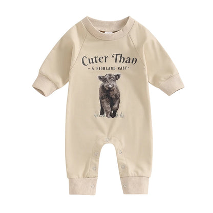 0-12M Newborn Baby Boy Sweatshirt Rompers-Bull Head Letter Print, Long Sleeve Jumpsuit