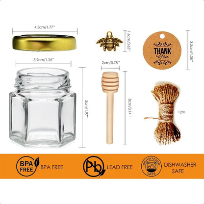 Honey Pot Glass Honey Jar 1.5oz Mini Honey Jars with Dipper Bee Charm Gift Bags and Stickers for Baby Shower Favors 20 Pack